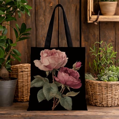 Vintage Floral Canvas Tote Bag, Aesthetic Botanical Reusable Grocery Bags for Women, Elegant Floral Lover Gift Tote - color: Color25