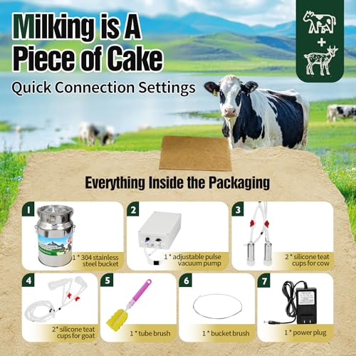 2-in-1 Upgrade 2.6Gal/10L Portable Electric Milker, Milking Machine for Cows and Goats with Food-Grade Stainless Steel Bucket, 4 Teat Cups and Pulsation Vacuum System for Farm,Ranch and Home Dairy Use - size: 10L Two-in-One Milking Machine