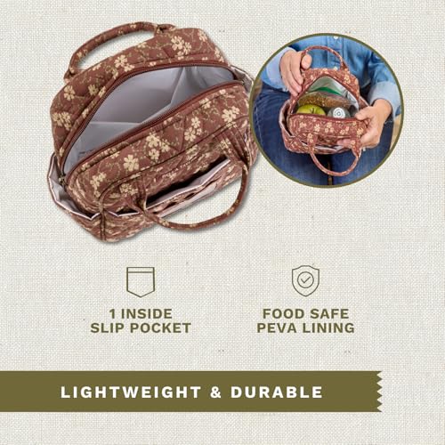 Bella Taylor Lunch Tote, Quilted Lunch Bag, Burgundy Floral | Lightweight quilted cotton lunch box, easy-to-clean PEVA lining, 3 outside/1 inside pocket, durable construction - color: Burgundy Floral