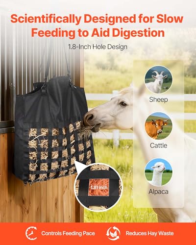 VEVOR Hay Bag for Horses, 21.65 x 7.28 x 25.2 in, 1.81 x 1.81 in Holes, Premium Nylon Construction with PVC Waterproof Coating, Adjustable Hanging Straps and Metal Hooks, Slow Feed Hay Bag for Horses - size: 21.65 x 7.28 x 25.2 in