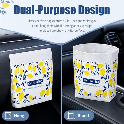 20PCS 2 in 1 Disposable Car Trash Bags with Adhesive Strips | Stylish & Anti-Spill Trash Bag for Car with Dual-Purpose Design,Stand & Stick-On Cars Garbage Bag as Vomit Bags
