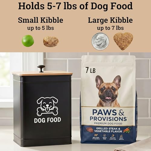 Metal Dog Food Container 5-7lb, 25 Cup w/ Airtight Bamboo Lid, Metal Handle | Pet Jar For Dogs up to 50lbs, Airtight Bamboo Lid, Sturdy Comfortable Metal Handle, Powder Coated Iron, Kibble Storage Bin - color: Black: Dog Face