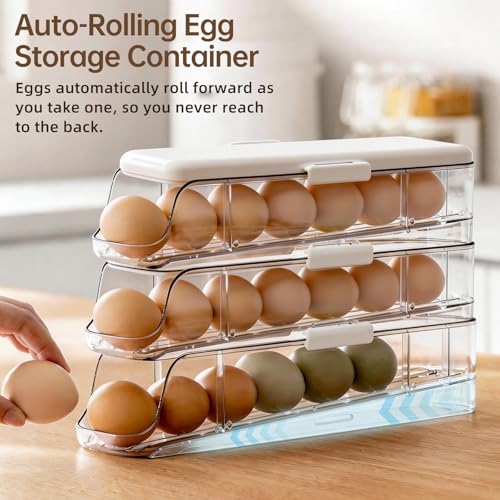PAVSTINE 3-Tier Auto Rolling Egg Holder with Lid for Fridge, Clear | Stackable Egg Dispenser, Large Capacity Holds Up To 21 Eggs, Refrigerator ＆ Kitchen Countertop Storage - size: 3-Tier with Lid