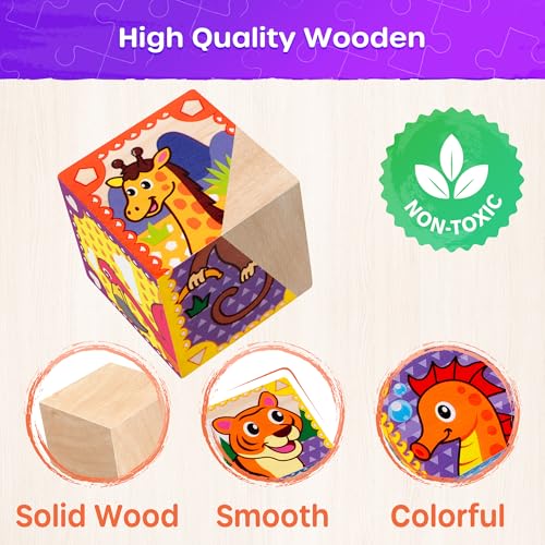 SYNARRY Wooden Puzzles for Toddlers 2-4, Farm Jungle Ocean Animals Puzzles for Kids Ages 3-5, Wooden Cube Puzzle with Storage Tray, Large Block Montessori Toys for 2 3 4 Year Old, Gifts for Kids