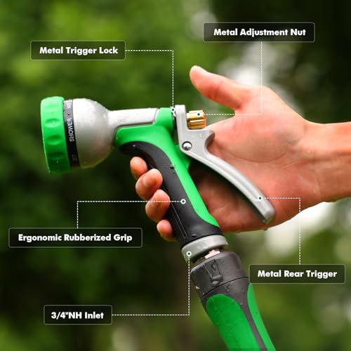 RESTMO Garden Hose Nozzle Heavy Duty, Rear Trigger Water Sprayer, Green | 7 Adjustable Spray Patterns, Durable Metal, Flow Control, Ideal for Plants & Lawns Watering, Cars & Pets Washing - color: Green
