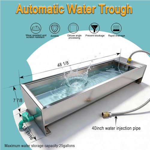 Automatic Livestock Water Trough 25 Gallons/100 Quart Livestock Waterer Animal Stainless Steel Larger Automatic Waterer with Float Valve Kit for Goat Cattle Horse Hog Dog Outdoor - color: 25 Gallons, size: 48.3"L x 13.7"W x 9.8"H