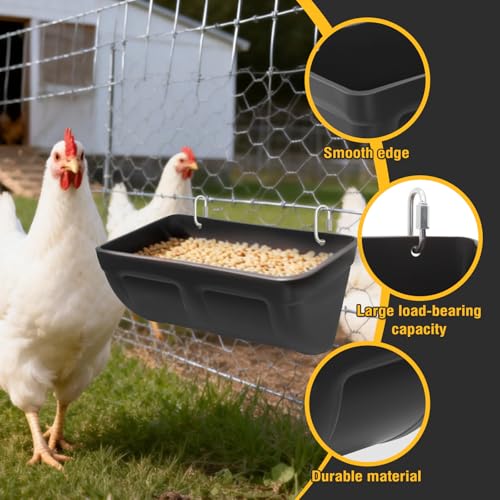 2 Pack Hanging Chicken Feeder Trough for Goat,Sheep,Dog.Livestock Feeding Container Goats Supplies Feeders Waterer Bucket (Black)