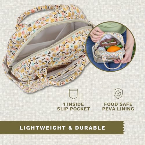 Bella Taylor Lunch Tote, Quilted Lunch Bag, Prairie Meadow | Lightweight quilted cotton lunch box, easy-to-clean PEVA lining, 3 outside/1 inside pocket, durable construction - color: Prairie Meadow
