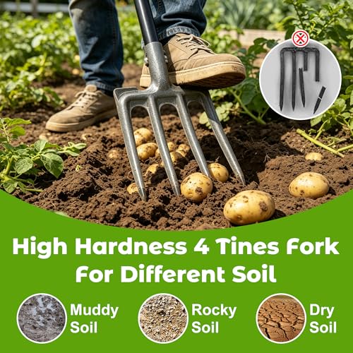 Pitch Fork, Metal Broadfork Garden Tool Long Handle, 4 Tine Mulch Hay Manure Digging Bedding Hay Potato Garden Fork Shovel for Gardening Loosening Soil Compost - size: 47"