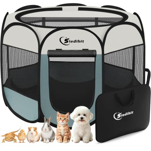 Siedihit Dog Cat Playpen, Puppy Pet Playpen Indoor for Small Dog Crate Tent Cage Outdoor, Portable Pop Up Dogs Enclosure Kennel with Carrying Case for Dogs/Cats/Rabbits(Grey, Small - color: Grey