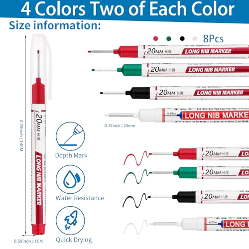 8 PCS Long Head Deep Hole Marker Pens,20mm Long Nib Marker, Longs Nose Markers, Waterproof Construction Markers Marking Tool,Permanent Markers Carpenter Ink marker Pens,Metal marking Pens03 - color: 8PCS-20MM-Red/White/Green/Black