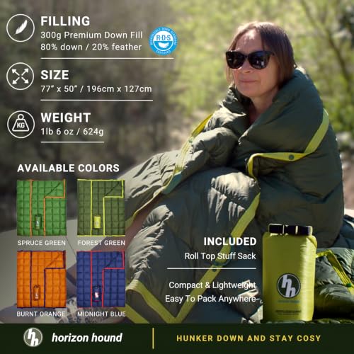 Down Camping Blanket 650 Fill Power - Ultralight Backpacking Quilt (1lb 6oz) Warm & Water-Resistant 20D Nylon Shell for Outdoors, Camping, Hiking, Travel, & Stadium - Packable - color: Forest Green