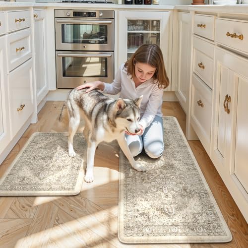 KIMODE Anti Fatigue Kitchen Mats 2 PCS 17"x47"+17"x29.5", Boho Kitchen Rugs and Mats, Non Slip Cushioned Kitchen Mats for Floor, Waterproof Kitchen Floor Mats for Laundry, Office, Sink, Khaki | 17"x47"+17"x29" Non Slip Cushioned Kitchen Mats for Floor, Wa