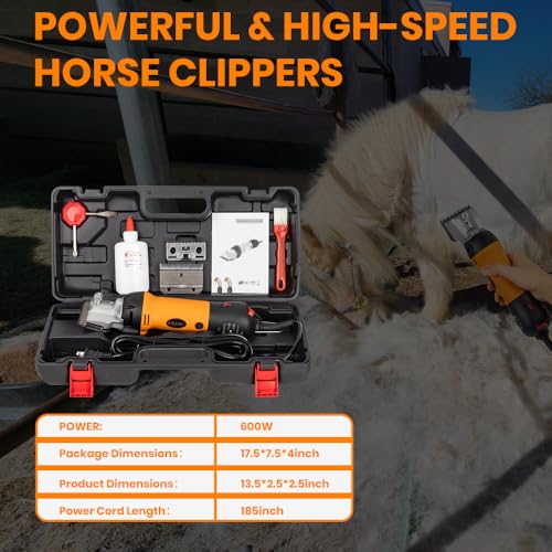 Horse Clippers Professional Electric horse Grooming Kit, Shaving Equine Clippers for Horses Goat Cattle Thick Coat Animals, 6 Speeds Large Heavy Duty Farm Livestock Haircut Trimmer （600W, 2 Blades）