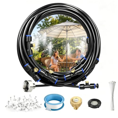 30FT(9M) Misters for Outside Patio | 8 Brass Nozzles and 3/4" Brass Adapter, misting cooling system for Backyard, Garden Greenhouse, Trampoline Sprinkler