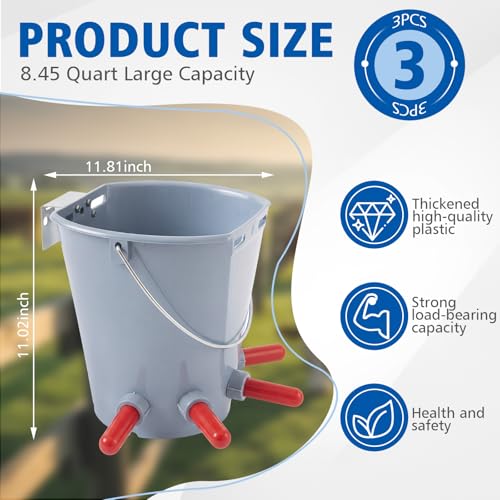Sawysine 3 Pcs 8.45 Quart Calf Nursing Bucket, Five Teats Feeder with Metal Hanger, Hanging Calf Pail with Nipple Livestock Feeder for Over The Fence, Stall, Barn, Cowshed/Cattle Housing - color: Five Teats