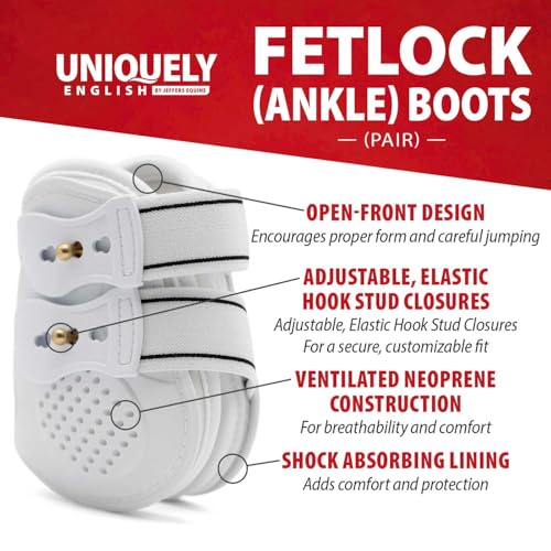 Jeffers Uniquely English Open Front Tendon & Fetlock Boots Set for Horses, Ventilated Neoprene Horse Leg Protection Boots, Shock Absorbing Lining for Jumping & High Impact Activities - color: White, size: Large