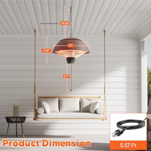 Electric Outdoor Heater, 1500W, Brown | Hanging Ceiling Mounted, Infrared Patio Heater, Waterproof, For Porch, Balcony, Garage, Adjustable Height - color: Brown