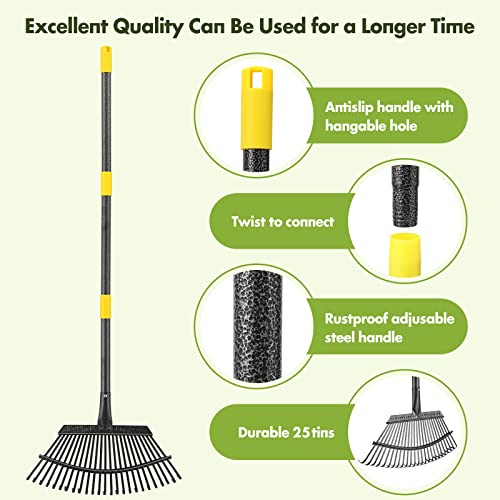 Rake for Leaves, Heavy Duty Leaf Rakes for Lawns & Yard - 65” Adjustable Long Handle 18” Width 25 Metal Tines - Gardening Rake for Adults Kids for Shrub,Grass,Mulch - style: 25 Tines 5FT