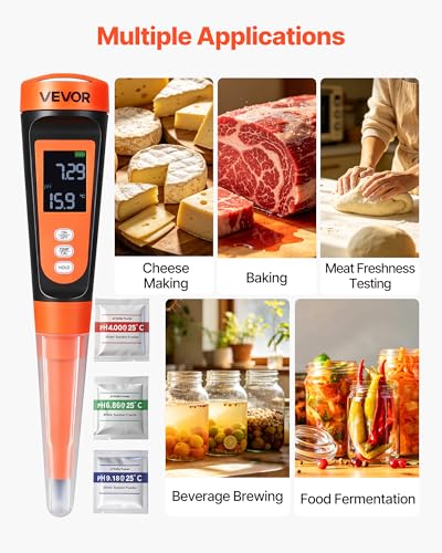 VEVOR Food pH Meter, 0-14 pH Range, IP68 Waterproof Probe, Pocket Tester Kit with Automatic Temperature Compensation, Calibration Powder Packets, Easy to Read, for Food Fermentation, Dough, Meat