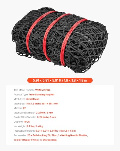 VEVOR Round Bale Hay Net, 5.91 x 5.91 x 5.91 ft, 1.5 inch Holes, PE Material, Knotless Design, with Zip Ties, Needle Shuttle, Repair Twine and Storage Bag, Slow Feeder Round Bale Net for Horses - size: 5.91 x 5.91 x 5.91 ft