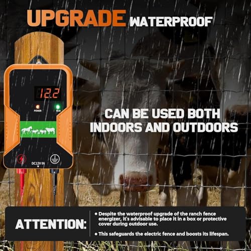 12 KV Electric Fence Charger with LED Display, 2 Joule, 10 Miles | Waterproof, AC DC, High Power, Portable for Livestock & Predator Protection, Gardens, Orchards, Dogs, Pets, Poultry