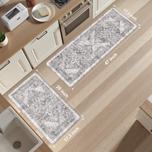 KIMODE Anti Fatigue Kitchen Mats, 2 PCS Cushioned Kitchen Rugs and Mats | Waterproof Kitchen Floor Mats Non Slip, Boho Comfort Foam Standing Mat for Laundry, Office, Sink, Grey Brown 17"x47"+17"x29" - color: Grey/Multi, size: 17.3" x 47"+17.3" x 29"--0.47