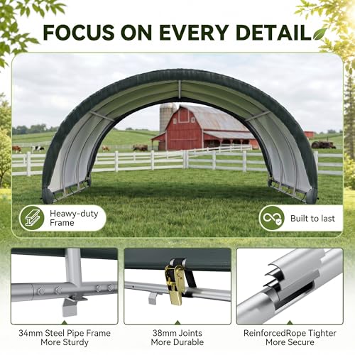 Polar Aurora 12'x12' Corral Shelter, Heavy Duty Round Style Canopy, Waterproof and UV Treated Canvas Cover, Easy Assembly Stable and Agricultural Storage and Shade Shed Kit for Livestock, Green - size: 12x12 FT