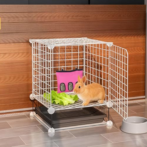 2PCS Rabbit Hay Feeder,3 Hole Hay Bag for Rabbits, Washable Hanging Small Animal Feeder for Guinea Pig Bunny Chinchillas Hamsters and Other Pets - color: Pink