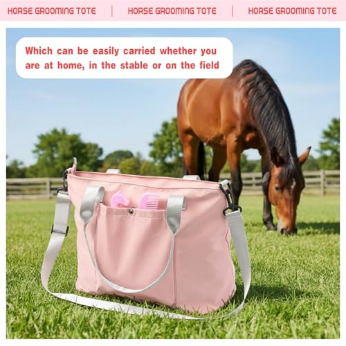 Abbylike 15 Pieces Horse Grooming Kit with Organizer Tote Bag Tack Room Supplies Horse Brush Sets Care Equine Cleaning Kit Shedding Grooming Massaging Tools(Pink and Grey) - color: Pink and Grey
