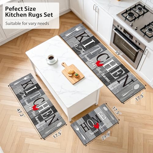 Kitchen Rugs Set 3 Piece, Non Slip Kitchen Mats for Floor, Soft Fabric with Rubber Backing, Farmhouse Anti Fatigue Runners Carpet for Home Kitchen Laundry Room Hallway (Rustic Grey & Black) - color: Rustic Grey & Black