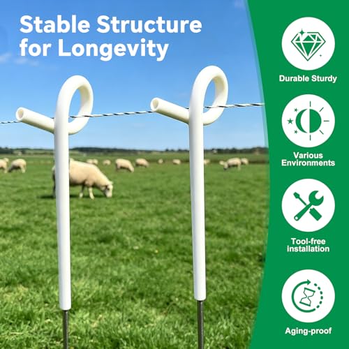 41 Inches Systems Pig Tail Step-in Fence Post,Electric Fencing Post,Stainless Steel for Fence for Garden and Livestock, Easy to Install and Move, White - color: White