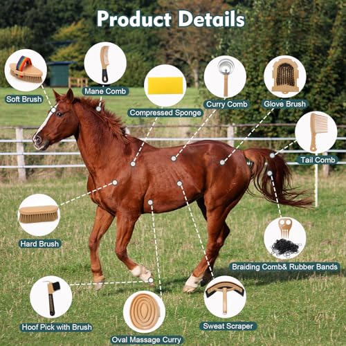 Horse Grooming Kit for Bathing, 13Pcs Horse-Brush Set with Mesh Bag, Shower Brushes, Braiding and Curry Comb, Sweat Scraper, Hoof Pick, Shedding Massaging Tool Supplies for Riders Beginners - size: 13 Count (Pack of 1)
