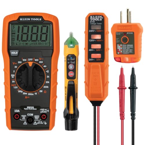 Klein Tools MM320KIT Digital Multimeter Electrical Test Kit, Non-Contact Voltage Tester, Receptacle Tester, Carrying Case and Batteries