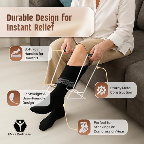 Compression Sock Aid Device for Compression Socks, Stocking Donner Helper | Strong Metal Design with Soft Foam Grips for Women and Men - Easy Use with Stockings and Compression Socks - Regular