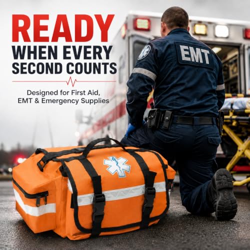 NOVAMEDIC NM-RO63P Professional First Responder Bag, 17” x 9” x 7” Empty EMT Trauma Kit Carrier with Removable Dividers, Reflective Strips, Water-Resistant Base for Emergency Medical Supplies (Orange) - color: Orange
