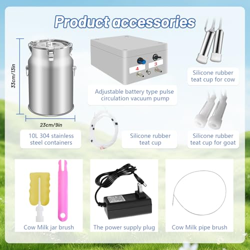 Cow and Goat Milking Machine Electric, 10 L Goat Milker Machine, 5200mAh Rechargeable Vacuum Pump Milker with Food-Grade, Auto-Shutoff Check Valve, 4 Silicone Teat Cups for Small Farms & Homestead