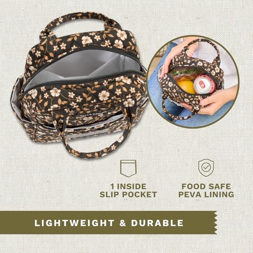 Bella Taylor Lunch Tote, Quilted Lunch Bag, Vintage Vine Black | Lightweight quilted cotton lunch box, easy-to-clean PEVA lining, 3 outside/1 inside pocket, durable construction - color: Vintage Vine Midnight