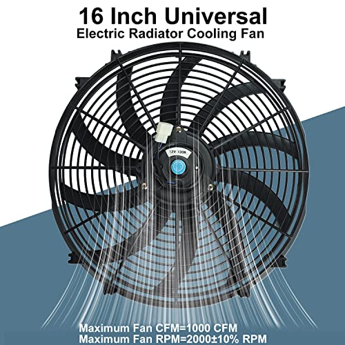 BLACKHORSE-RACING 16" 16 inch Electric Radiator Fan High 3000 + CFM Thermostat Wiring Switch Relay Kit Black - size: 16 Inch
