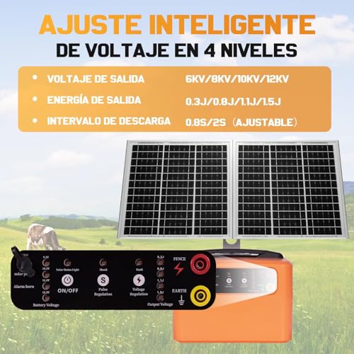 30 Miles/48km Solar Electric Fence Charger,15W Solar Powered Fencer with Adjustable 6KV to 12KV Output (0.3J-1.5J),Battery Level LCD Display,All-Weather Kit for Livestock,Deer,Farm,Yard