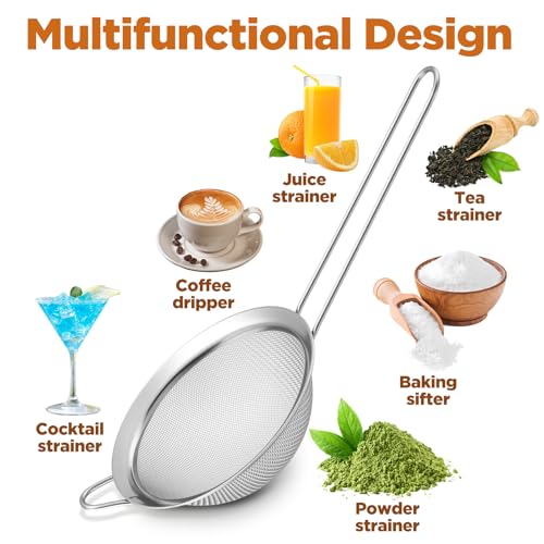 9 Packs 8.8 x 3.9 Inches Stainless Steel Fine Mesh Strainer Small Cocktail & Tea Strainer with Handle for Coffee, Juice, Powdered Sugar