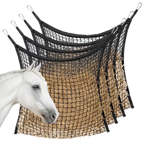 Slow Feed Hay Nets for Horses, Large Capacity Hay Bags, 4 Pack | 35 x 31 in, includes 8 carabiners,Black, heavy duty, hay feeder for horses and goats, easy to hang in stalls and trailers - size: 4PCS
