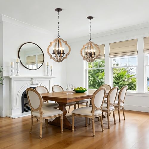 16" Farmhouse Chandelier for Dining Room, Wood Rustic Chandelier | Dining Room Light Fixtures Over Table 4-Lights French Country Hanging Light, Adjustable Height for Entryway Kitchen Island - color: 16" Wood