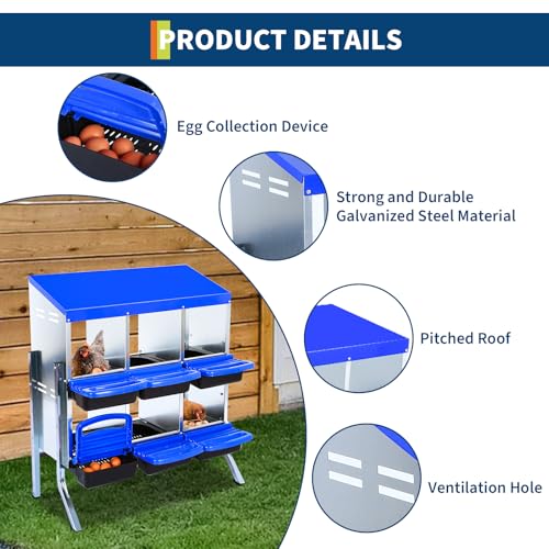 Chicken Nesting Boxes, 6 Compartments Chicken Laying Boxes, with Support Legs, Removable Plastic Tray, Easy to Clean, Roll Away Nesting Boxes for Chickens Laying Eggs, Blue