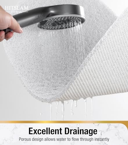 HITSLAM Oval Loofah Shower Mat Non Slip, 27x16 Inch, White | Bath Mat for Textured Tub & Inside Shower Stall, No Suction Cups Quick Drying PVC Porous Floor Mat, Soft Foot Exfoliating - color: White