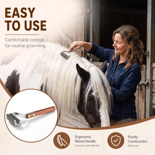 Abbylike 2-sided Livestock Shedding Comb Grooming Dematting Brush Shedding Undercoat Rake for Cattle Horse Goat Cow Pets with 20 Steel Blades and Wood Handle - style: 2-sided