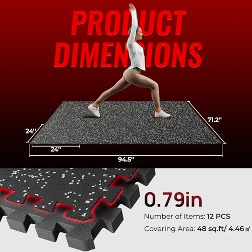 SUPERJARE 0.79'' Extra-Thick Exercise Equipment Mats, 12 Pcs 48 Sq Ft Rubber Top Floor Tiles with High Density EVA Foam, Interlocking Gym Flooring for Home Gym, Workout Mat, Black/Grey - size: 12 Tiles (48 Sq Ft)