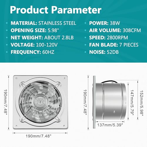 HG Power 6 Inch Exhaust Fan: Kitchen Exhaust Fans with Power Cord Attic vent Fan with Damper Wall Small Fume Extractor Ventilation Fan for Shop Chicken Coop Basement Smoking Room Garage Silver - color: Silver, size: 6 Inch(No Switch)