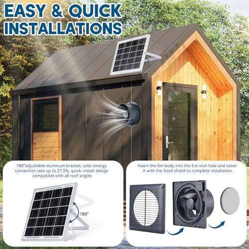Solar Exhaust Fan with 25W Solar Panel, 6" Solar Powered Vent Fan for Chicken Coop, Greenhouse & Shed, 385 CFM Ventilation Fan with Anti-Backflow Valve, Quiet Brushless Outdoor Cooling - size: 6inch