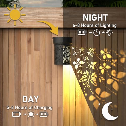 2Pk Solar Fence Lights Outdoor Wall Lights Butterfly Theme Decor | Solar Powered Deck Step Lights for Garden Post Patio Yard Decor, Metal+Plastic IP55 Waterproof, Gardening Gifts for Women